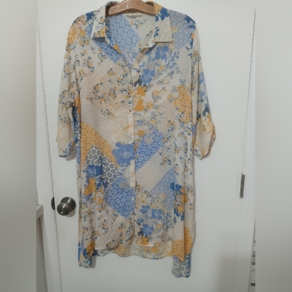 Indigo Rose button down patchwork floral peasant Boho Shirt Dress/Cover up 1X - Picture 1 of 10
